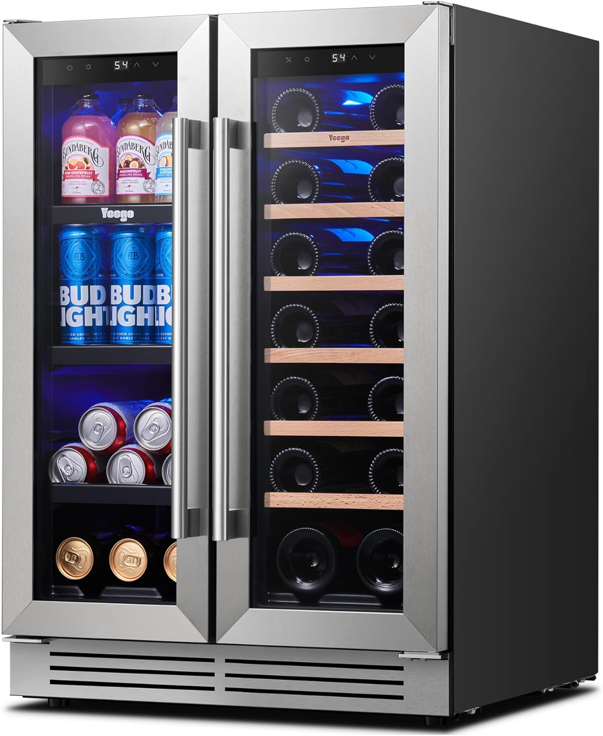 Yeego 24 Inch Wine and Beverage Cooler - 36-72°F, Holds 60 Cans & 20 Bottles Adjustable Shelves Beverage Fridge, Stainless Steel with glass Door for Built-in for Kitchen/Bar