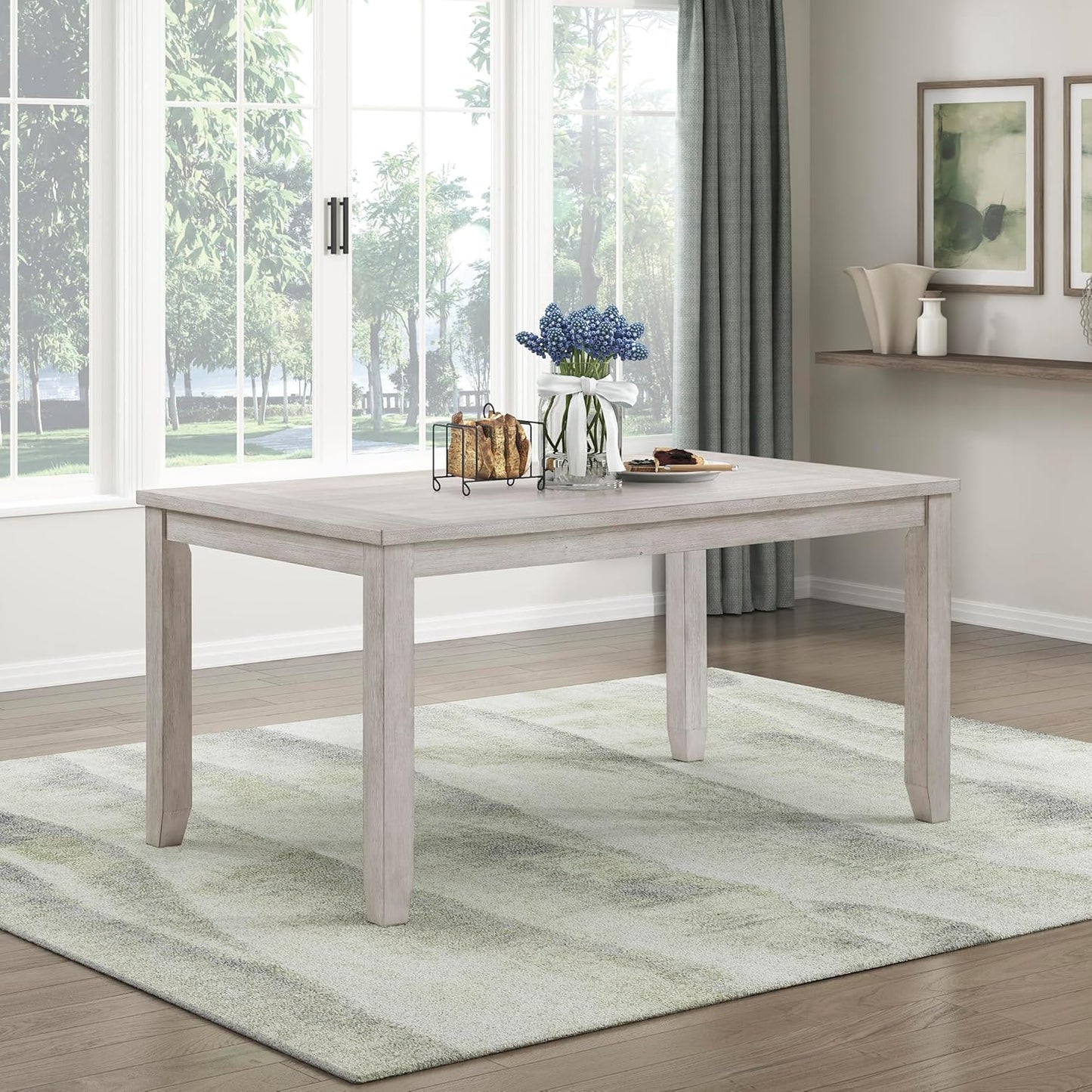 Lexicon 60" Farmhouse Dining Table for 4-6 People, Solid Wood Frame Acacia Veneer Rectangular Kitchen Table, for Kitchen, Dining Room, Living Room, Assembly Required, Brushed Antique White Finish