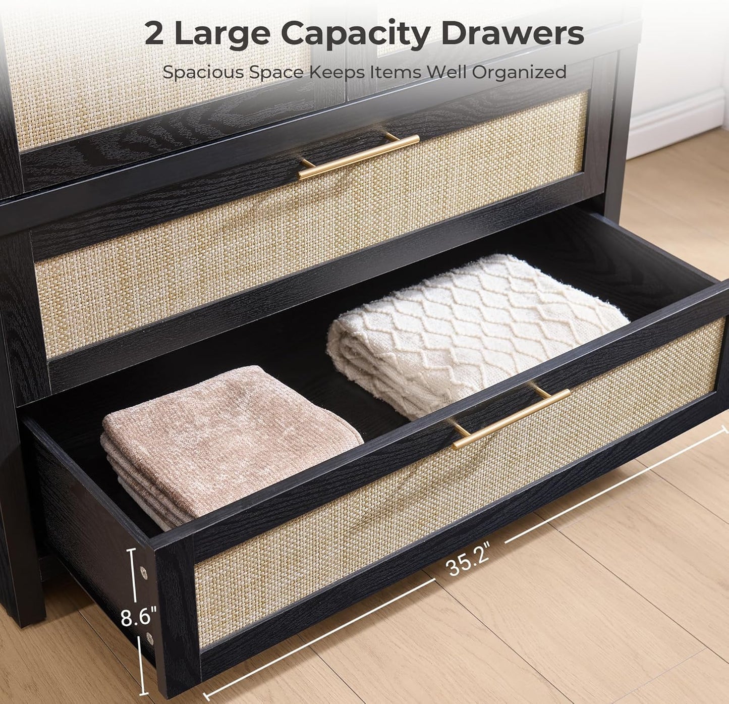 SICOTAS Larger Armoire Wardrobe Closet, 71" Tall Rattan Wardrobe Closet Cabinet with Storage and 2 Drawers, Boho Armoire Clothes Organizer with Hanging Rod for Bedroom, Black Oak (2 PCS)