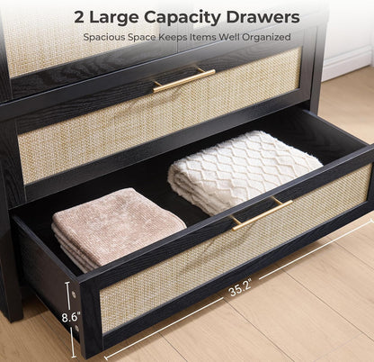 SICOTAS Larger Armoire Wardrobe Closet, 71" Tall Rattan Wardrobe Closet Cabinet with Storage and 2 Drawers, Boho Armoire Clothes Organizer with Hanging Rod for Bedroom, Black Oak (2 PCS)