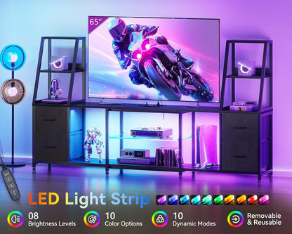 Casaottima LED TV Stand for 50–65 Inch TVs with Power Outlets & RGB Ligths, Gaming Entertainment Center with 4 Drawers & Storage, Media Console Supports Up to 75/85/95 Inch Wall-Mounted TVs, Black