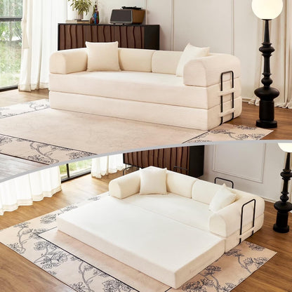 79'' Folding Convertible Sofa, Corduroy Modular Floor Couch with Pull Out Bed, 5-in-1 Sleeper Sofa Bed, No Assembly Space Saving Guest Sofa for Living Room Bedroom Apartment Lounge (Beige White) | High Backrest, No Assembly, Convertible Sofa, Space-S
