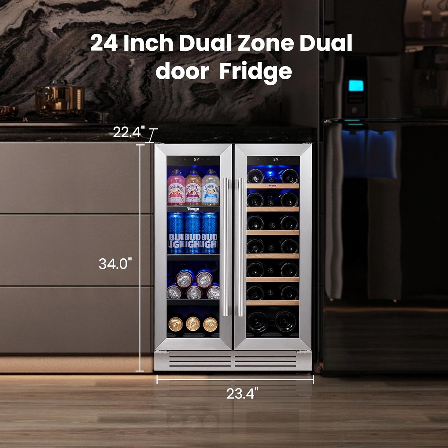 Yeego 24 Inch Wine and Beverage Cooler - 36-72°F, Holds 60 Cans & 20 Bottles Adjustable Shelves Beverage Fridge, Stainless Steel with glass Door for Built-in for Kitchen/Bar