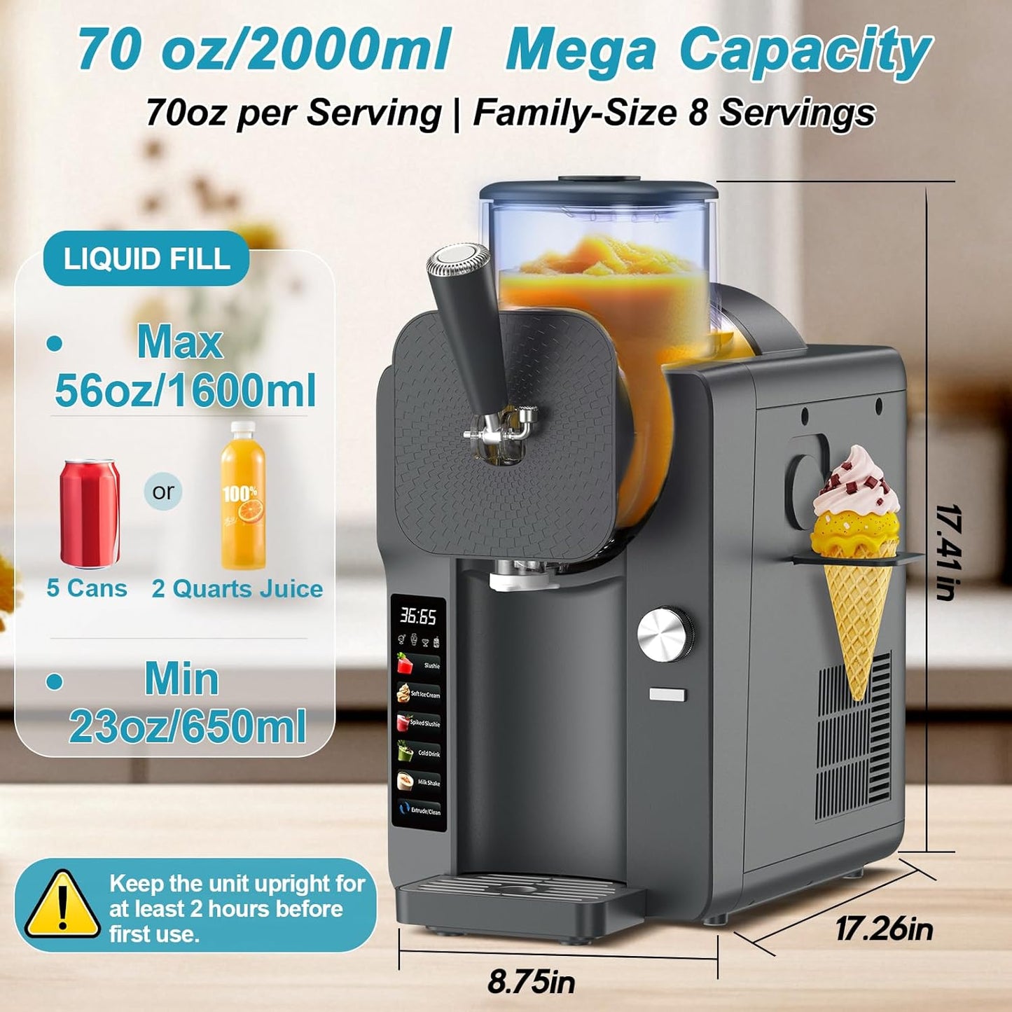 Ice Cream Maker, Slushie Machine for Home, Slushy Machine 70 oz Margarita Machine with 6 Preset Programs for Ice Cream, Milkshake, Cocktail, Frappés, 9-level Adjustable Thickness, Gray