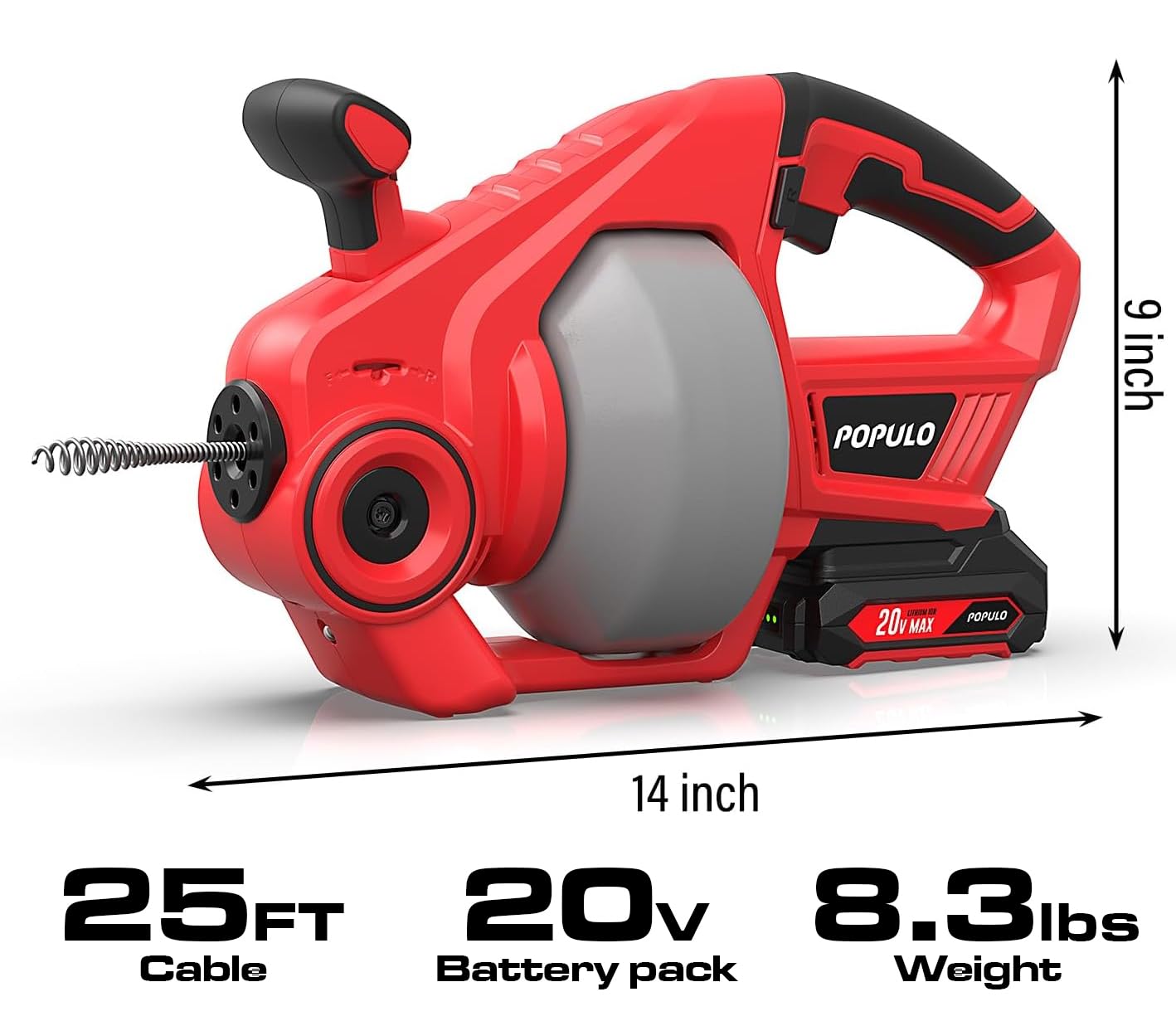 POPULO POPULO 20V Cordless Drain Auger - 25Ft Auto-Feed