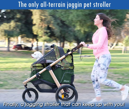 Jogging Sports Stroller with Comfort Rubber Wheels/Zipper-Less Entry/1-Hand Quick Fold/Aluminum Frame for Small/Medium Dogs, Cats and Pets (Green Camo)