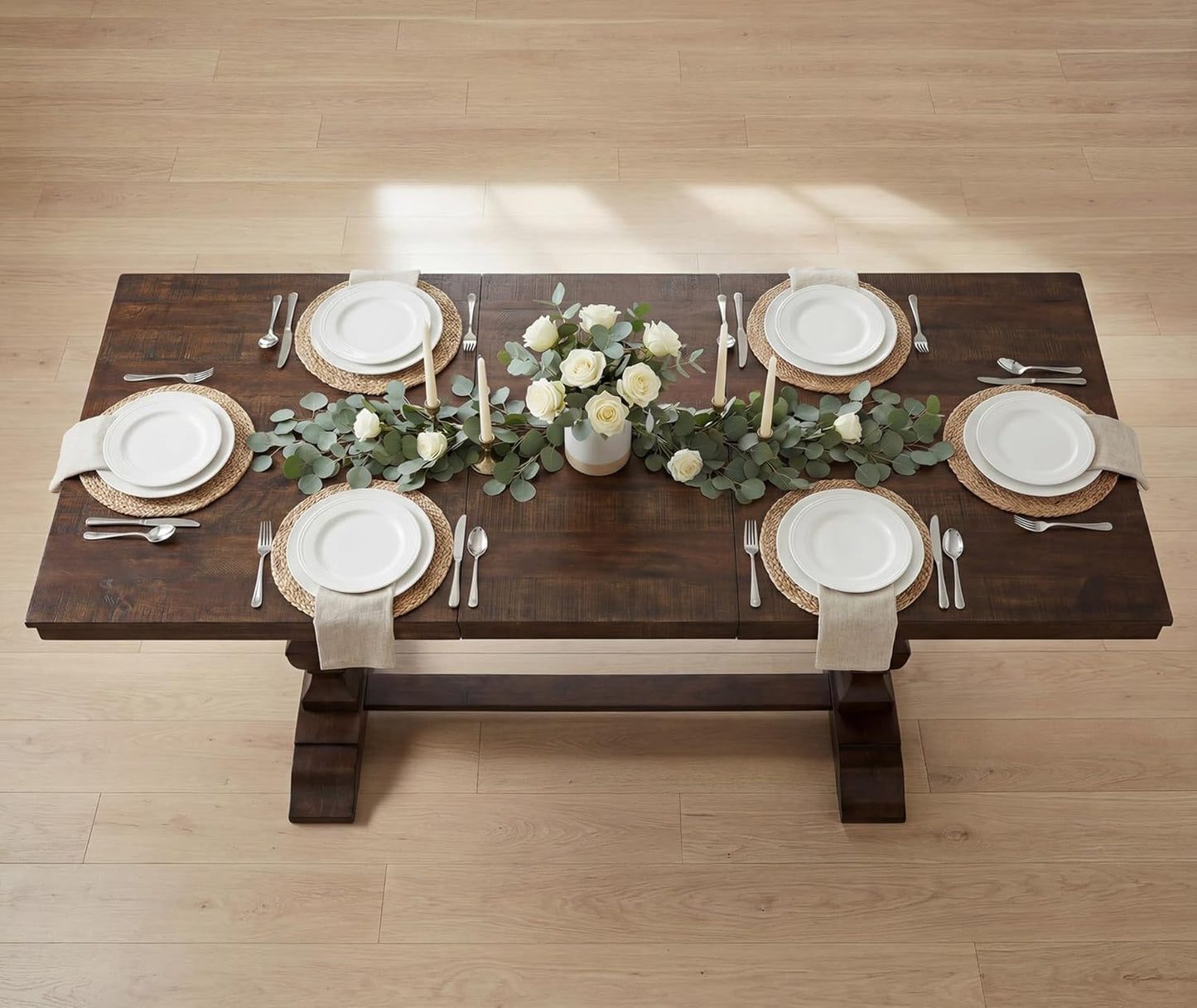 WAMPAT 74.8-inch Long Vintage Farmhouse Dining Table for 6-8 People,Sturdy Wooden Frame,Weathered Textured Tabletop,Solid Wood Double Pedestal Legs with T-Shaped Feet,Non-Extendable,Dark Walnut Brown