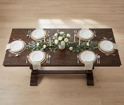 WAMPAT 74.8-inch Long Vintage Farmhouse Dining Table for 6-8 People,Sturdy Wooden Frame,Weathered Textured Tabletop,Solid Wood Double Pedestal Legs with T-Shaped Feet,Non-Extendable,Dark Walnut Brown