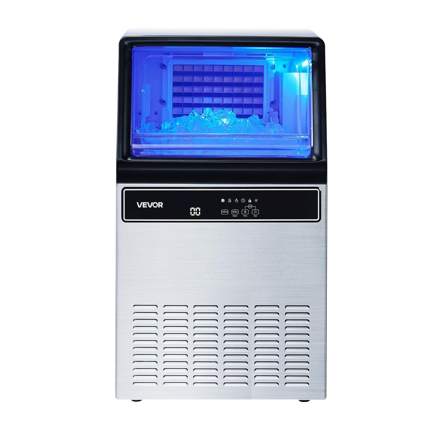VEVOR Commercial Ice Maker Machine, 130Lbs/24H with 33Lbs Storage, 45 Cubes per Cycle, Stainless Steel Freestanding & Under Counter Ice Maker with LED Display & Self-Cleaning, for Home Bar Restaurant