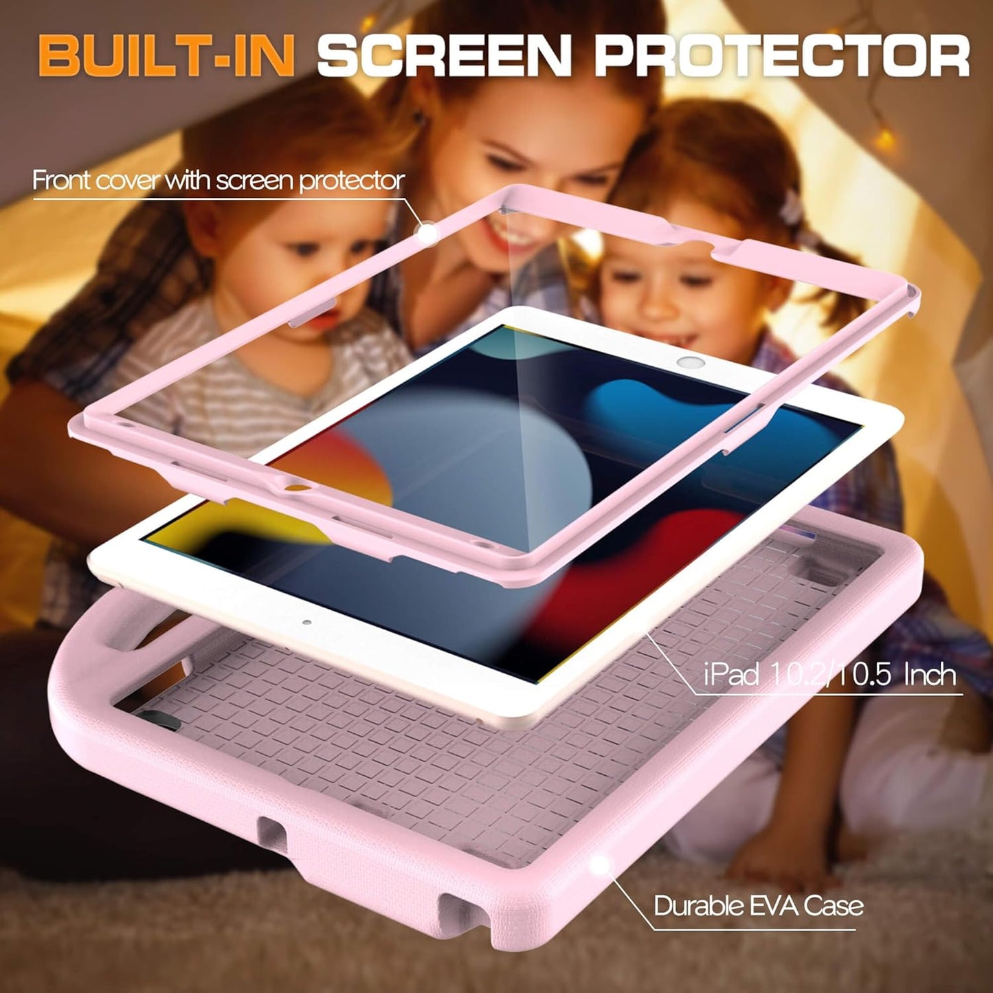 Kids Case for iPad 9th/8th/7th Generation, iPad 10.2 Kids Case with Built-in Screen Protector, Durable Shockproof Handle Stand Protective Cover for iPad 10.2 Inch 2021/2020/2019, Light Pink