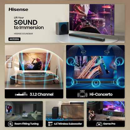 Hisense AX3120Q 3.1.2Ch Sound Bar with Wireless Subwoofer, Dolby Atmos, DTS:X, Bluetooth 5.3, Roku TV Ready, HDMI/AUX/ARC/Optical/USB, EzPlay 3.0, 7 EQ Modes, Hi Concerto, Black