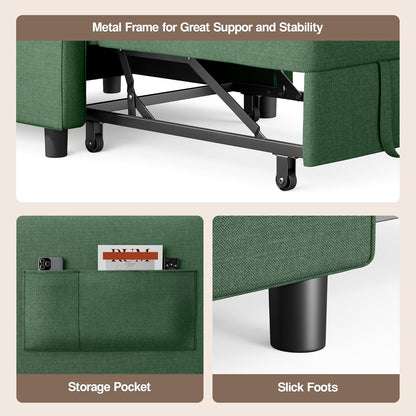Ahomly Convertible Sleeper Chair Sofa Bed with 3-in-1 Design, Adjustable Backrest, and Storage Pocket for Living Room, Green