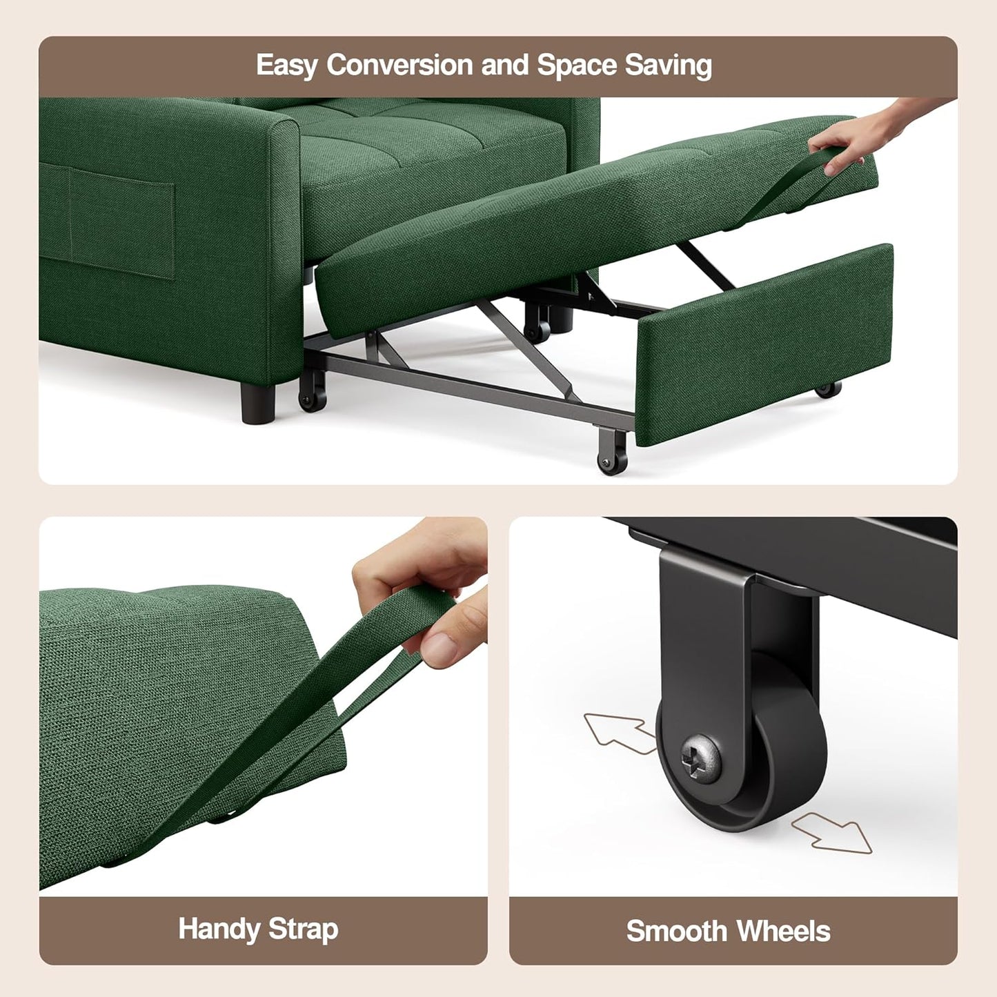 Ahomly Convertible Sleeper Chair Sofa Bed with 3-in-1 Design, Adjustable Backrest, and Storage Pocket for Living Room, Green