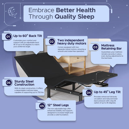 Celestial Aurora Adjustable Bed Base (Frame) + 8 inch Gel Memory Foam Mattress (Firm), Easy Assembly, Head and Foot Lift, Zero Gravity, Memory Positions, CertiPUR-US Bed - TwinXL