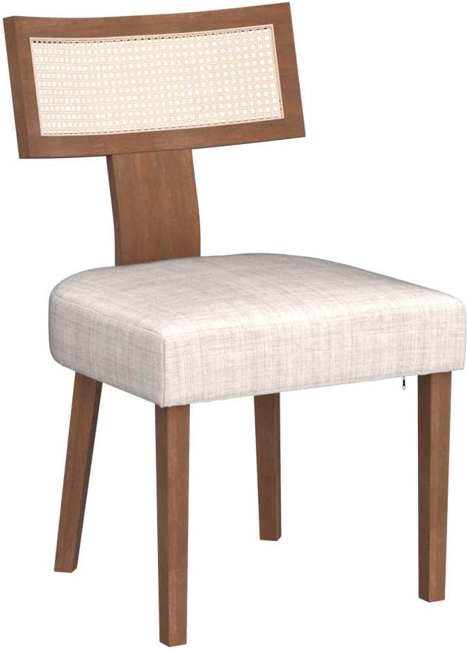 HNY Mid Century Modern Rattan Dining Chairs Set of 2, Farmhouse Linen Upholstered Accent Chair Curved Backrest Kitchen Chairs, with Hardwood Frame, Beige