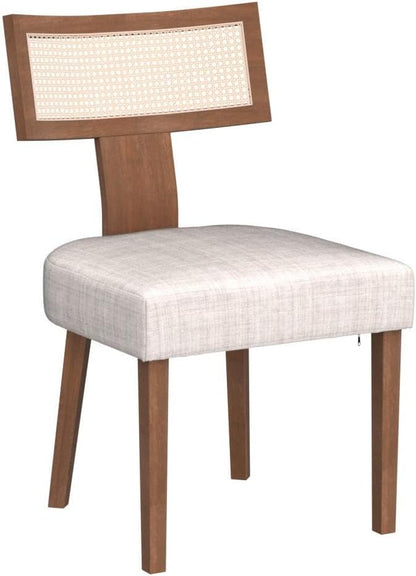 HNY Mid Century Modern Rattan Dining Chairs Set of 2, Farmhouse Linen Upholstered Accent Chair Curved Backrest Kitchen Chairs, with Hardwood Frame, Beige