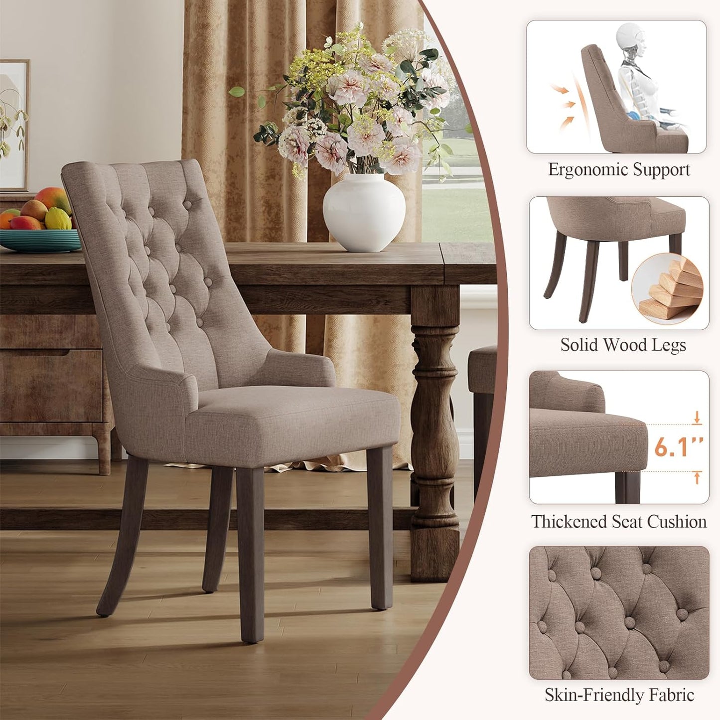 COLAMY Wingback Upholstered Side Dining Room Chairs Set of 6, Fabric Dining Chairs with Tufted Button, Living Room Chairs for Home Kitchen, Taupe