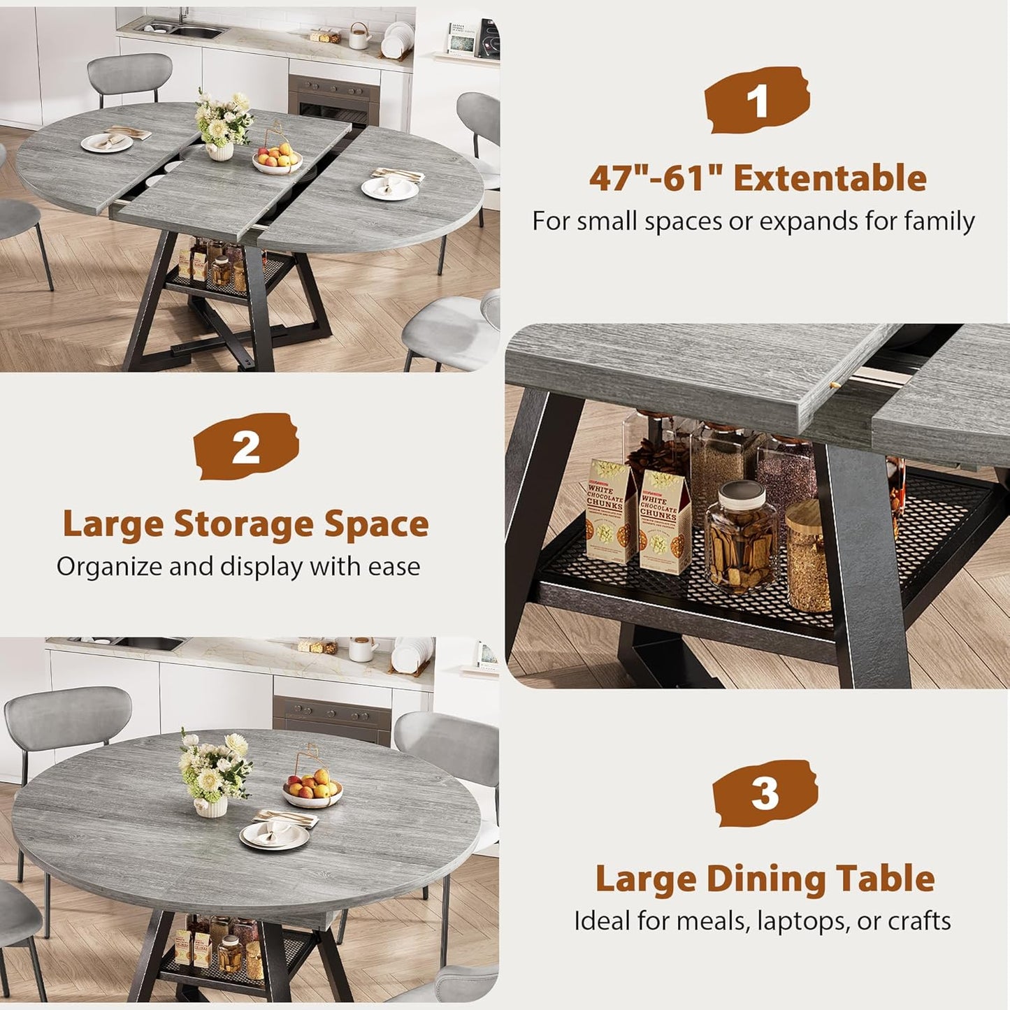 43''-57'' Extendable Round Dining Table for 4-6, Modern Industrial Kitchen Oval Dining Table with Removable Leaves, Space Saving Pedestal Base with Storage Shelf for Kitchen Living Room (Grey)
