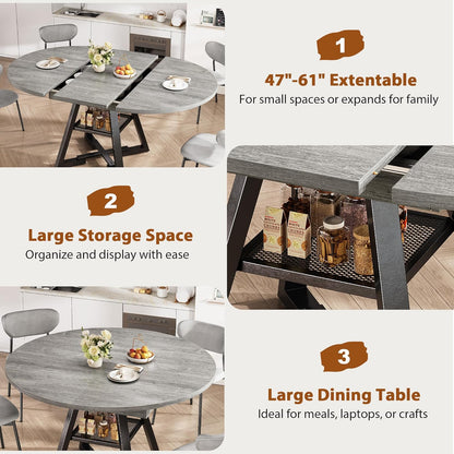 43''-57'' Extendable Round Dining Table for 4-6, Modern Industrial Kitchen Oval Dining Table with Removable Leaves, Space Saving Pedestal Base with Storage Shelf for Kitchen Living Room (Grey)