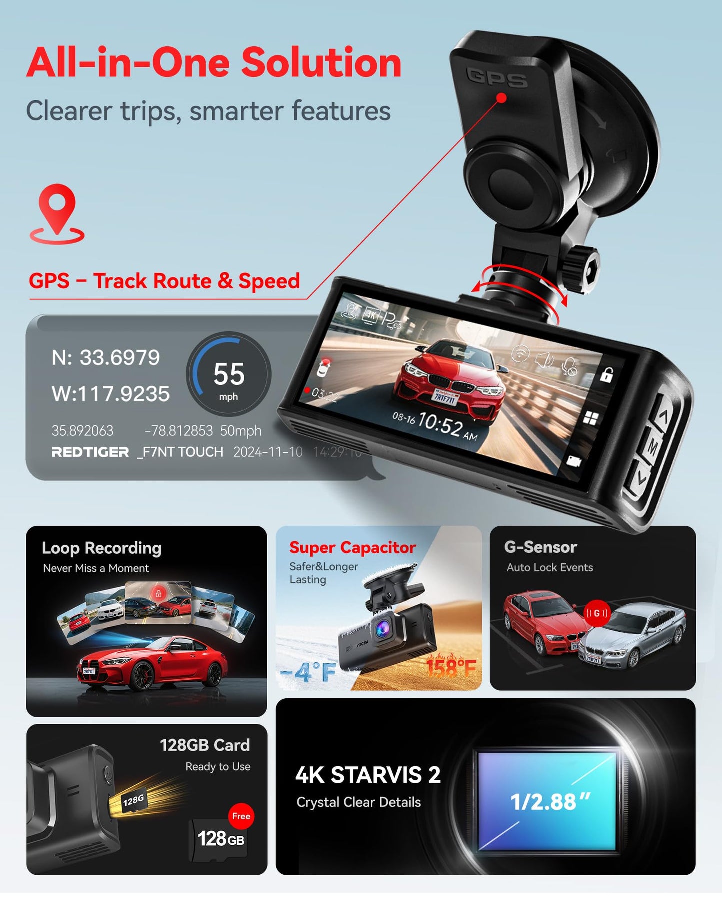 REDTIGER 4K STARVIS 2 Dash Cam Front & Rear with GPS