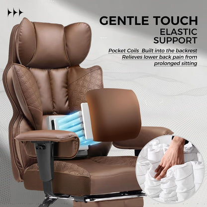 GTPLAYER Big and Tall Gaming Chair 400lbs Heavy Duty Office Chair with Foot Rest & Ergonomic Pocket Spring Lumbar Support, High Back 3D Saddle Shaped Cushion for Back Pain Relief, Brown