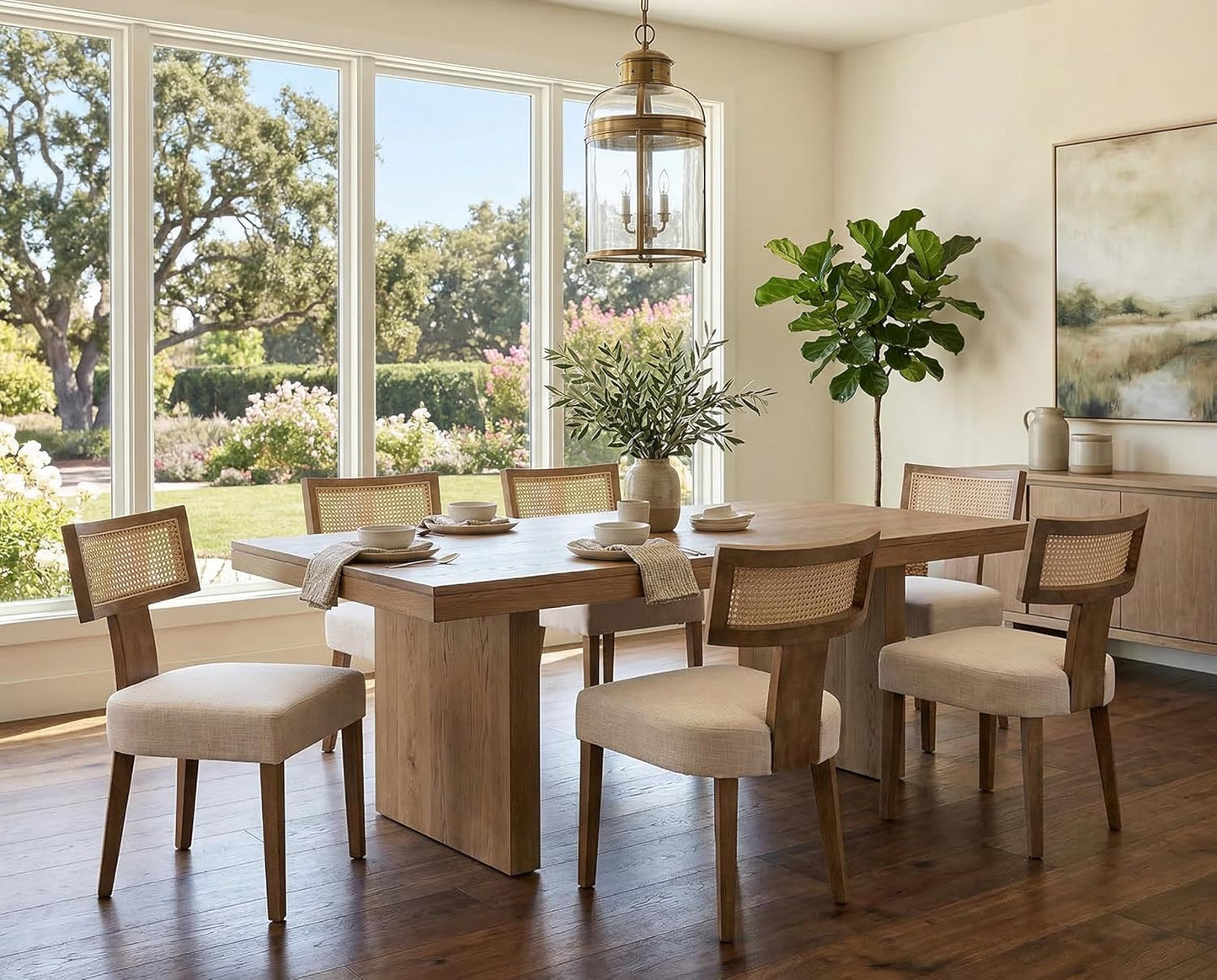 RIVOVA Rattan Dining Chairs Set of 6, Modern Dining Chair Kitchen Dining Room Chairs, Curved Cane Back Upholstered Linen Fabric Dining Chair with Wood Frame, Beige