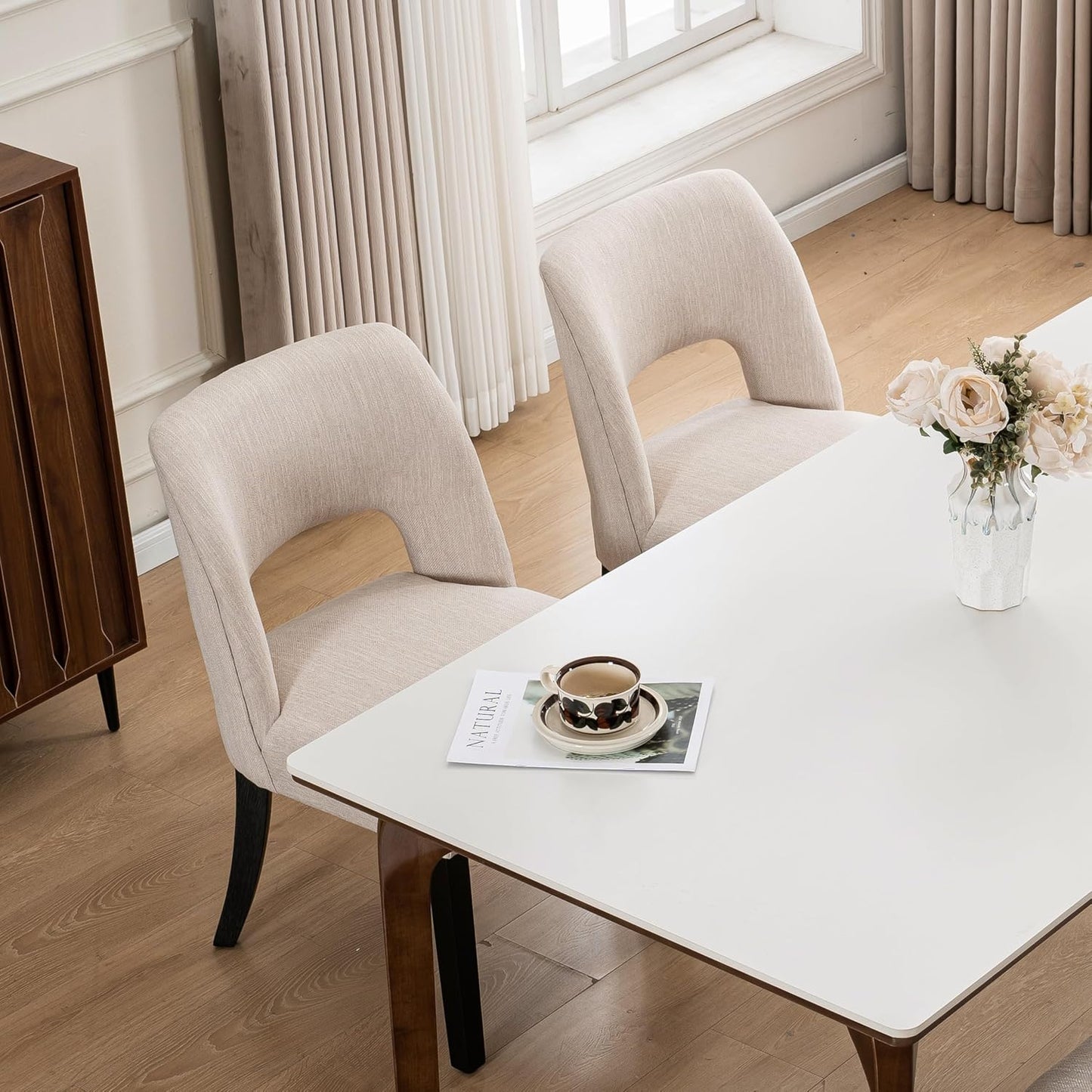 VKNOW Wooden Dining Chairs Set of 6, Modern Fabric Upholstered Dining Room Chair Kitchen Chairs, Farmhouse Dinner Chair for Kitchen Dining Room, Beige-Black Legs