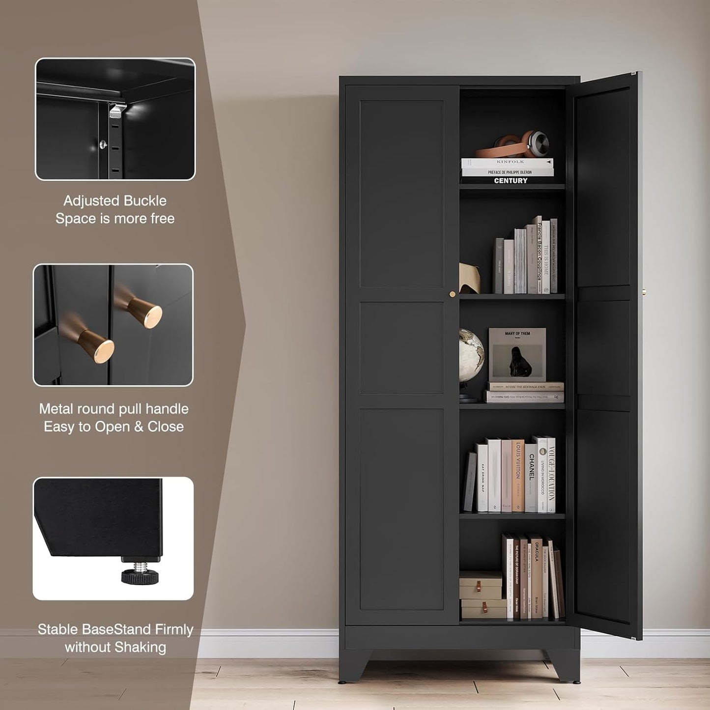 Yizosh Metal Pantry Cabinet, 75" Kitchen Pantry with 2 Door and 4 Adjustable Shelves,Black Metal Pantry Storage Cabinet,Cupboard for Kitchen,Dining Room,Living Room and Bathroom
