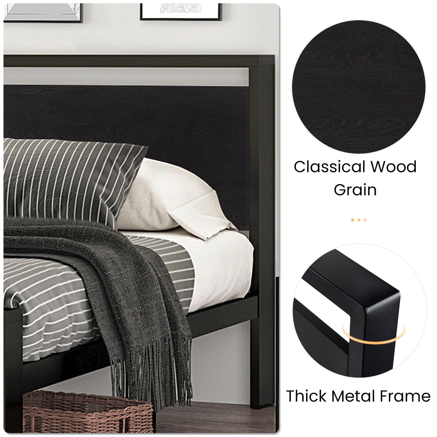 SHA CERLIN 14 Inch Queen Metal Bed Frame with Wooden Headboard