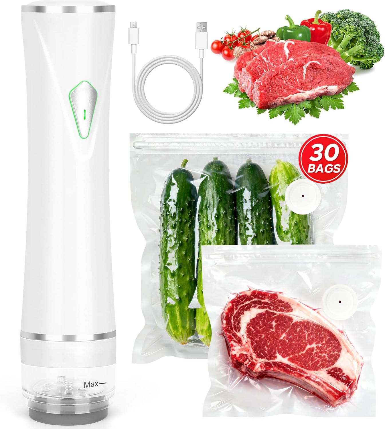 Vacuum Sealer, Handheld Vacuum Sealer for Food, USB Rechargeable Portable Mini Food Sealer with 30 Reusable Bags, Compact for Travel & Small Batch Storage