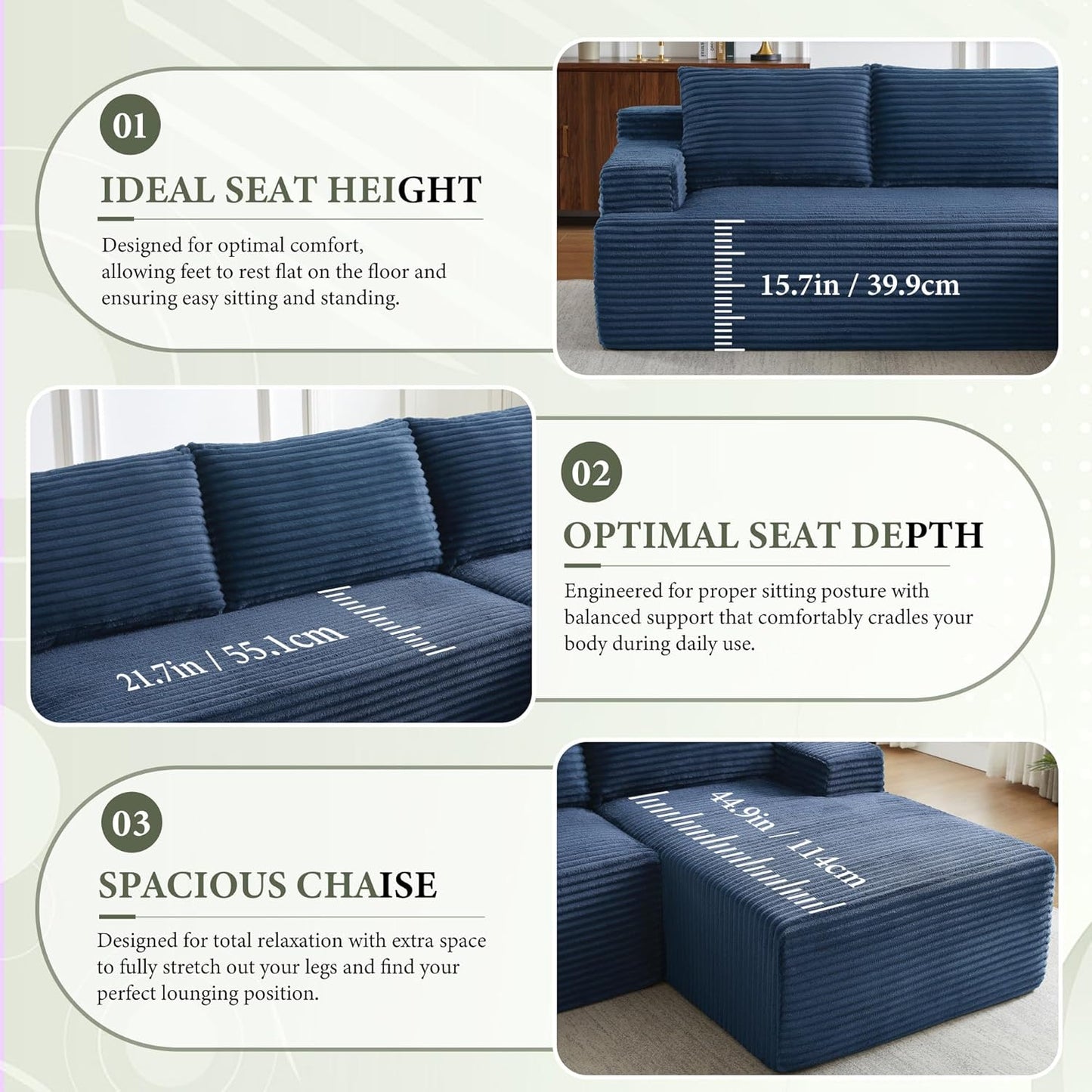 96" Sectional Couches for Living Room Cloud Couch Sofa with L-Shape Upholstered Boneless Couchs Modern Modular Sectional Couch with Chaise (Bule, 96" W+Right Facing Chaise+2Seaters)