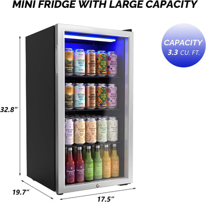 Bonnlo 3.3 Cu.Ft Beverage Refrigerator Cooler with Glass Door & Safety Lock, Quiet Mini Drink Fridge with Adjustable Shelf & Feet, Small Wine Cooler for Bedroom, Bar & Office, 32-50°F, 115V