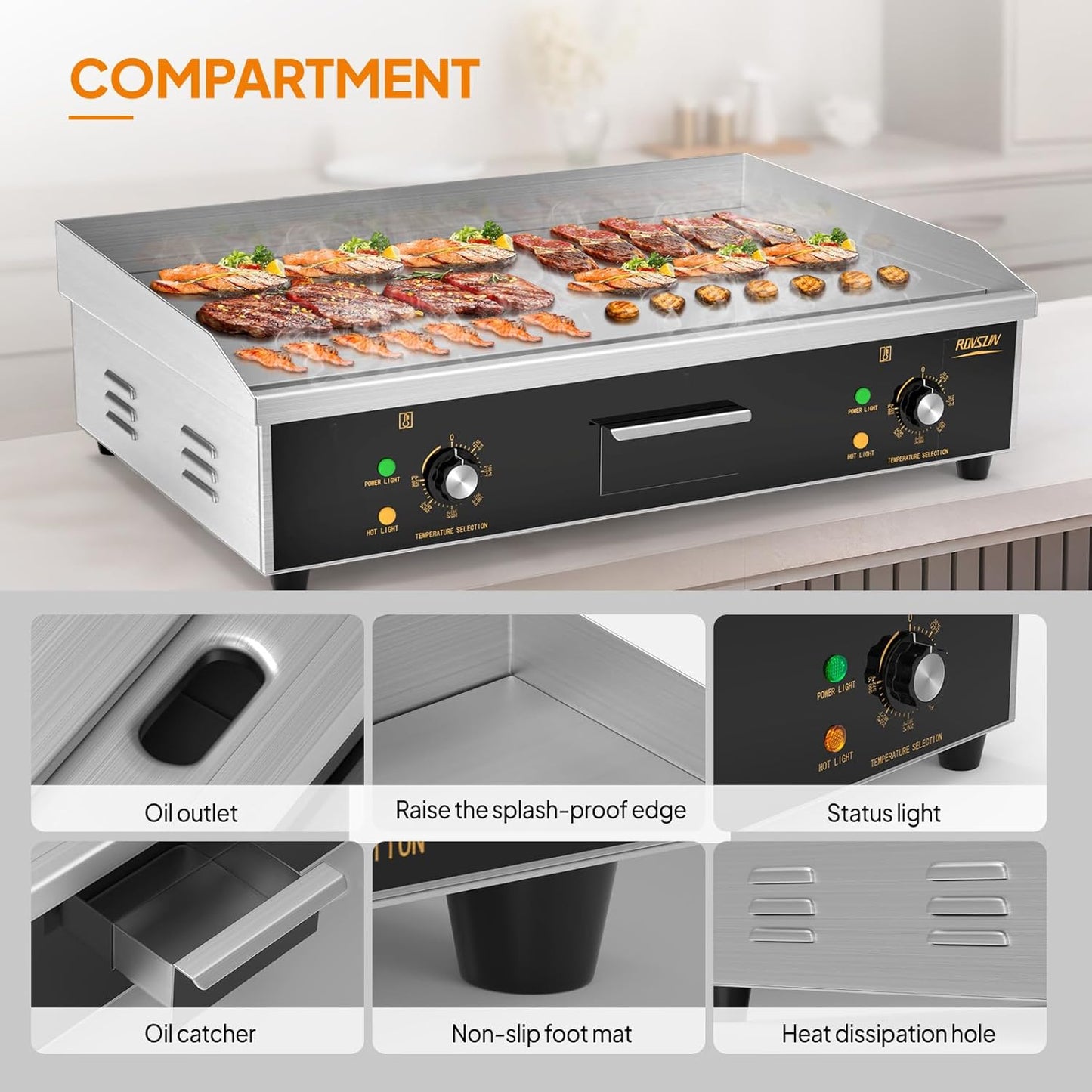 ROVSUN 30" Electric Countertop Flat Top Griddle, 3000W Electric Griddle, Teppanyaki Grill Stainless Steel with Adjustable Temperature Control 122°F-572°F for Commercial Home Restaurant, Plug