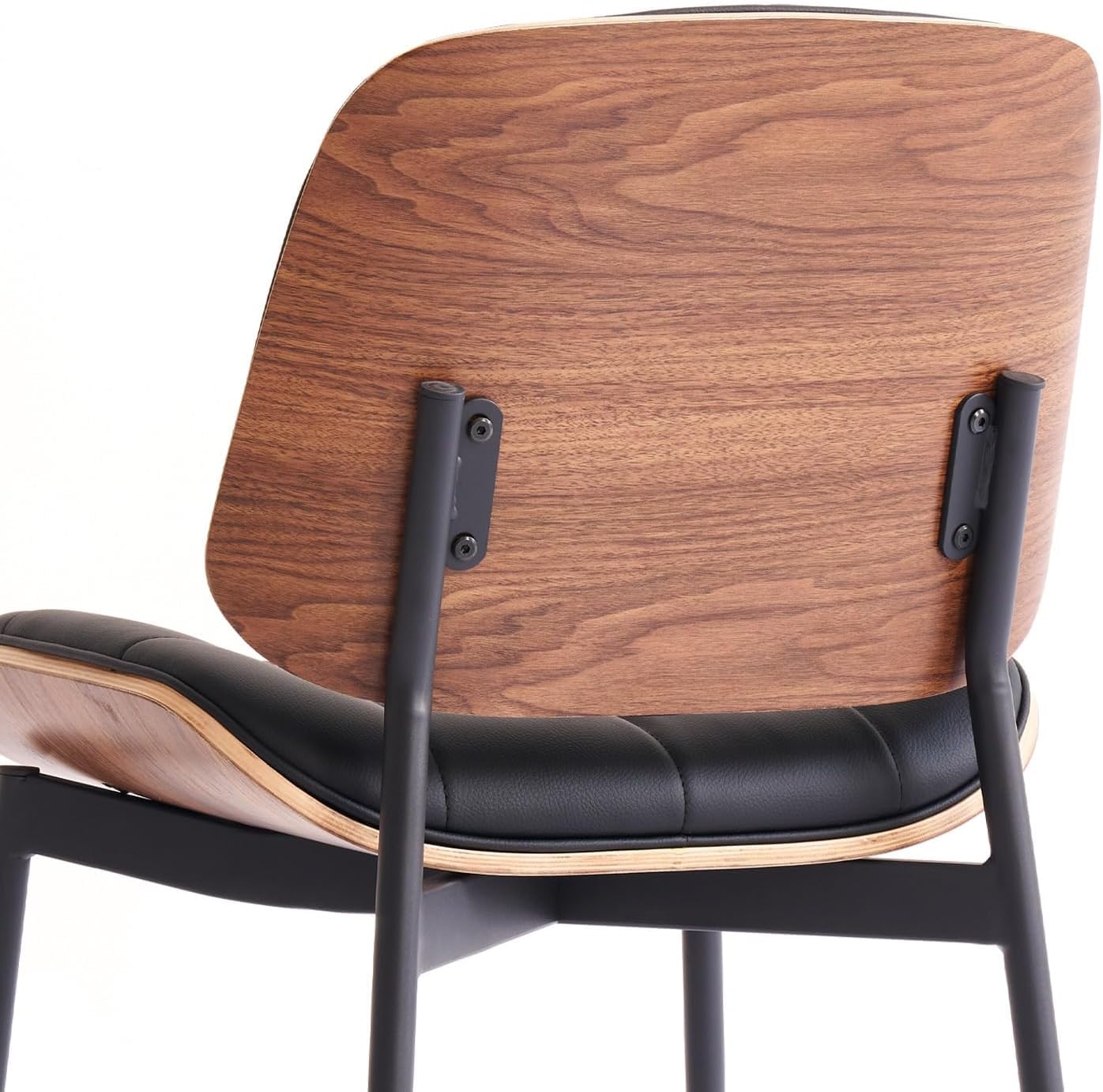 GrandNoor Mid Century Modern Dining Chairs with Walnut Grain Back, Black Faux Leather Dining Room Chairs Set of 2, Checkered Soft Cushion Kitchen Chairs with Adjustable Foot Pads