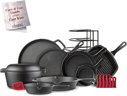Cuisinel Cast Iron Cookware 18-Piece Set - Pre-Seasoned 6" + 8" + 10" + 12" Skillet + Grill Pan+Lid + Griddle + Pizza Pan + Dutch Oven+Pan Cover + Panrack + Silicone Handle Grips + Pan Scraper/Cleaner