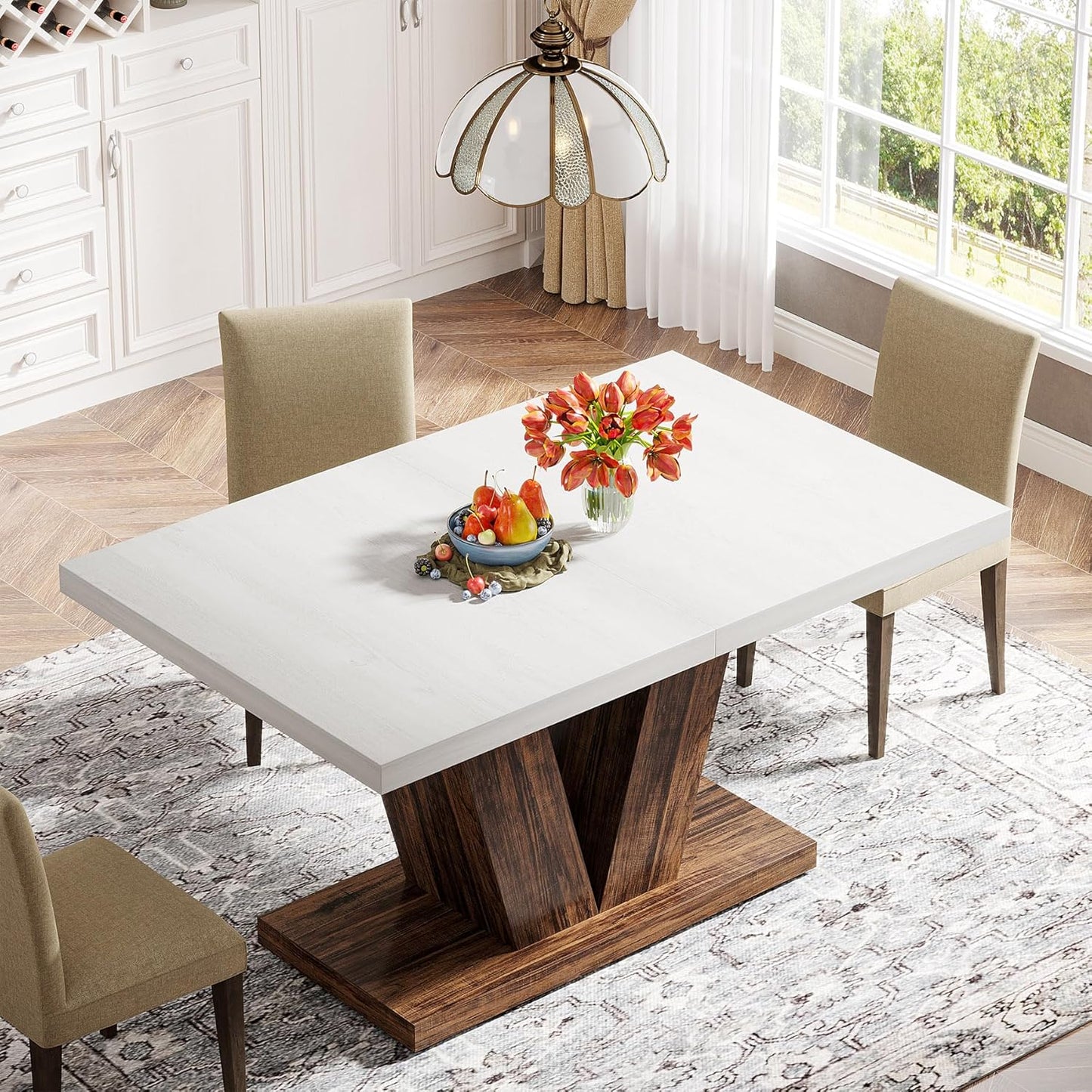 Tribesigns 47-Inch Dining Table for 4, White Kitchen Dinner Table with Heavy Duty Pedestal, Farmhouse Wooden Eating Table for Home, Dining Room, Small Space, White & Brown