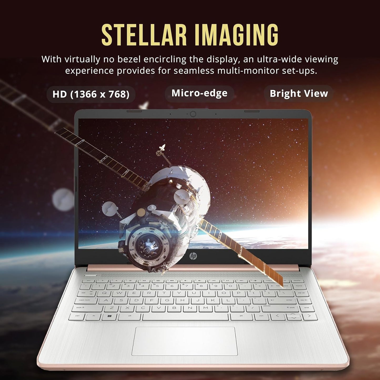 HP Stream 14" HD BrightView Laptop, Intel Processor N150, 16GB RAM, 416GB Storage (128GB eMMC + 288GB Docking Station Set), Intel UHD Graphics, 720p Camera, Wi-Fi, 1 Year Office 365, Win 11 S, Gold.