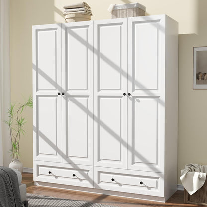 Armoire Wardrobe Closet with Drawers: 63" White Wardrobe Closet with 4 Doors and 2 Drawers, Wood Clothes Armoire with Hanging Rod, Clothing Storage Cabinet for Bedroom