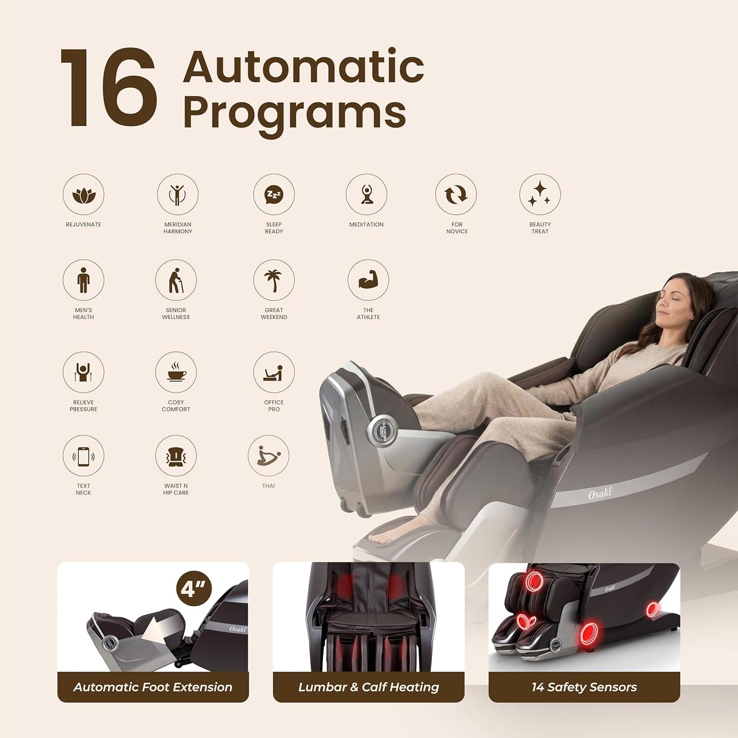 Osaki 2026 4D AI Solo Flex Full Body Massage Chair with Intelligent Health Detection, Walking Technology, SL-Track System, Zero Gravity Reclining, Touchscreen Controller, Auto Body Scan (Brown)