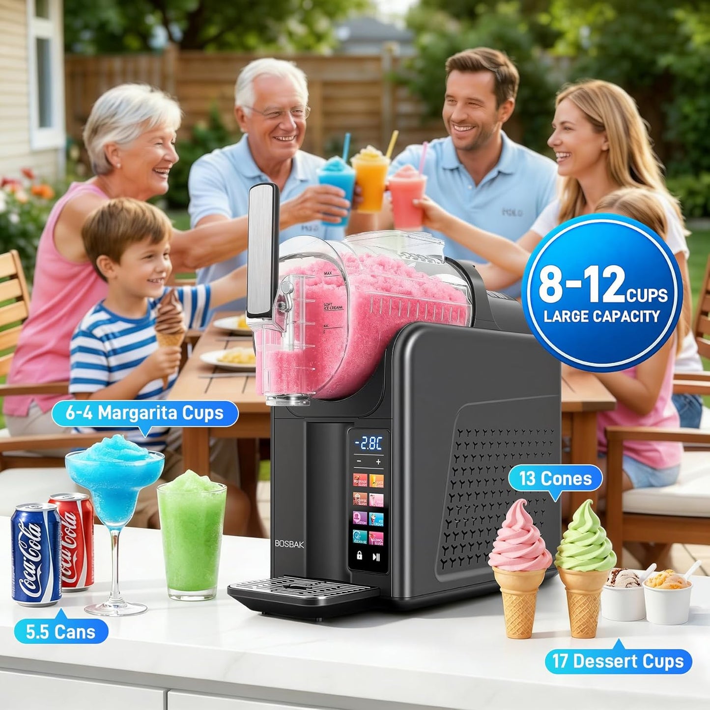 2L Slushie Machine & Soft Serve Ice Cream Machine for Home Use, 6-IN-1 Presets for Slushy, Frozen Drink, MilkShake, Margaritas, Frappés and More Frozen Dessert Maker, No Ice Needed, Black