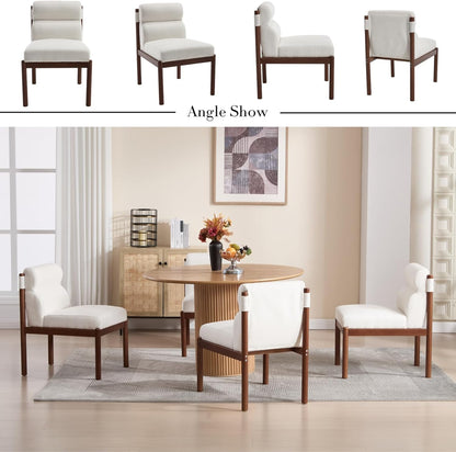 CIMOTA Modern Upholstered Dining Chairs Set of 6, Linen Fabric Kitchen & Dining Room Chairs Boucle Armless Side Chairs with Curved Backrest/Solid Wood Legs, Cream White