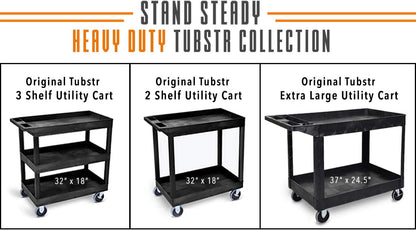 Stand Steady Tubstr 2 Shelf Utility Cart Supports Up to 250 lbs - Heavy-Duty Plastic Service Push Cart with Deep Shelves and 5" Casters, for Offices, Warehouse Storage, Garage (Black, 32 x 18 x 51)