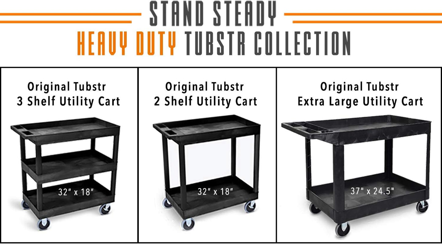 Stand Steady Tubstr 2 Shelf Utility Cart Supports Up to 250 lbs - Heavy-Duty Plastic Service Push Cart with Deep Shelves and 5" Casters, for Offices, Warehouse Storage, Garage (Black, 32 x 18 x 51)