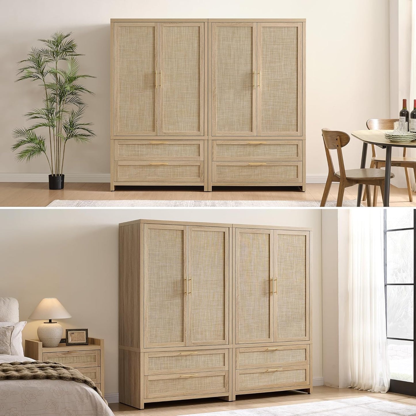 SICOTAS Larger Armoire Wardrobe Closet, 71" Tall Rattan Freestanding Wardrobe Closet Cabinet with Storage and 2 Drawers, Boho Armoire Clothes Organizer with Hanging Rod for Bedroom, Light Oak (2 PCS)