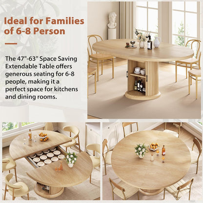 Jocoevol 47″–63″ Extendable Round Dining Table for 4–8 with Dust-Proof 2-Tier Storage Shelf Space-Saving Expandable Dining Room Table Wood Oval Circle Dining Table with Pedestal Base (Natural)