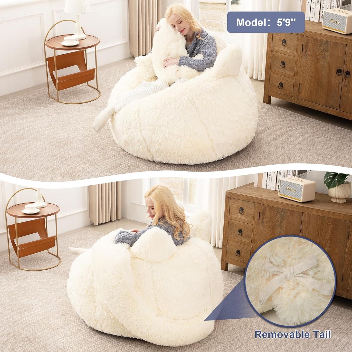 Achicsofar Bean Bag Chair for Adults Teens Giant Faux Fur Bean Bag Chairs with Filler Fluffy Plush Cat Shaped Beanbag Couch Comfy Accent Floor Sofa for Gaming, Reading in Living Room, Bedroom, Dorm