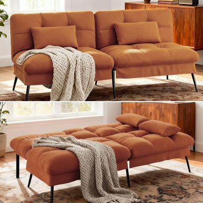 COMHOMA Convertible Sofa Bed,68″Fabric Couch with Adjustable Backrest,Loveseat Recliner Sleeper Living Room Furniture futon Set,Orange