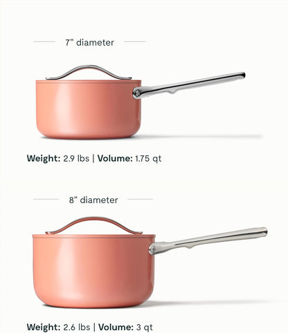 Caraway Nonstick Ceramic Sauce Pans with Lids (3 qt & 1.75 qt) - Non Toxic, PTFE & PFOA Free - Oven Safe & Compatible with All Stovetops (Gas, Electric & Induction) - Perracotta