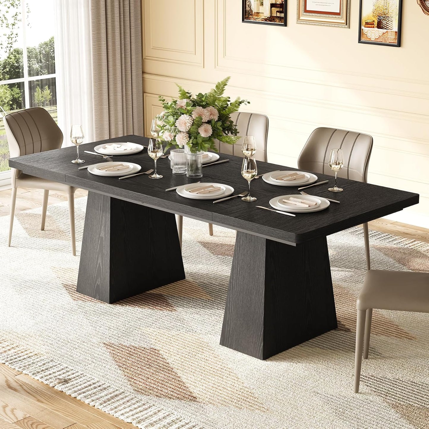 LITTLE TREE Dining Table for 4-6 People, Wooden Table, Rectangle Furniture with Heavy Duty Legs, Modern Kitchen Table for Home, Dining Room, Black