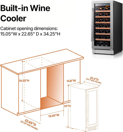 Ca'Lefort 15 Inch Wine Fridge, 33 Bottle Wine Cooler Refrigerator, 40-65°F Wine Refrigerator Glass Door, 3 LED Wine Fridge, Built-in or Freestanding Fridge for Home/Bar/Kitchen (3.0 cu.ft)